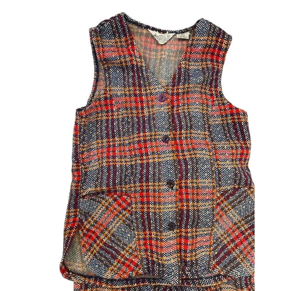 Vtg KMart 70's Girls Pants Suit Vest flare bottoms Costume Blue Red Plaid Hippie